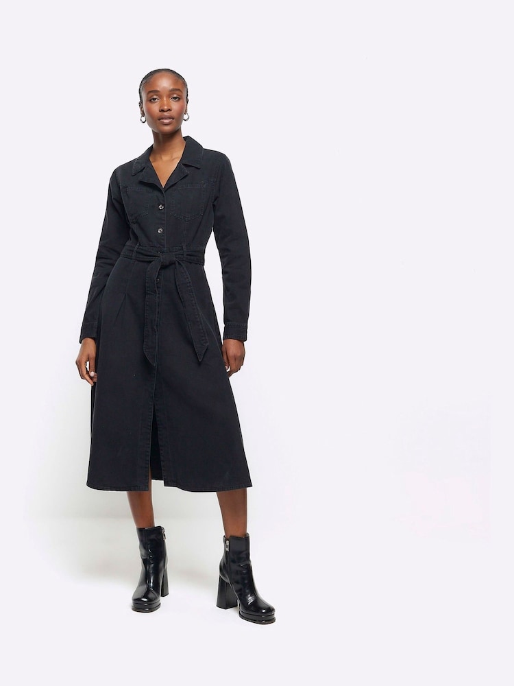 River Island Black Buttoned Denim Dress - Image 1 of 5 River Island Black Buttoned Denim Dress - Image 1 of 5