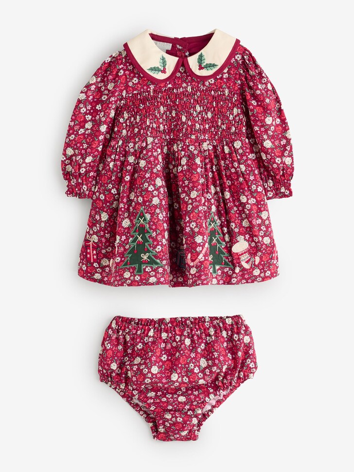Monsoon Pink Baby Ditsy Floral Christmas Dress & Knickers Set