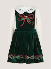 Monsoon Green Christmas Wreath Top & Velvet Pinafore Dress Set - Image 1 of 4