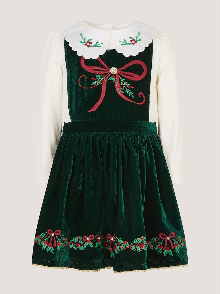 Monsoon Green Christmas Wreath Top & Velvet Pinafore Dress Set - Image 1 of 4 Monsoon Green Christmas Wreath Top & Velvet Pinafore Dress Set - Image 1 of 4