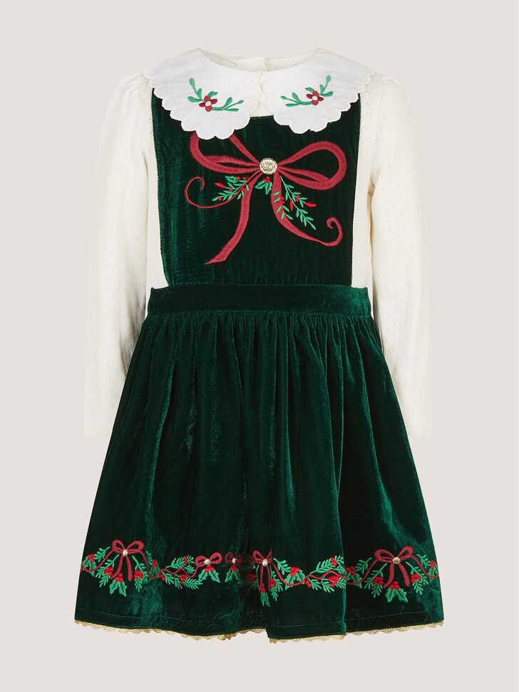 Monsoon Green Christmas Wreath Top & Velvet Pinafore Dress Set
