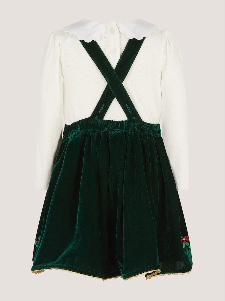 Monsoon Green Christmas Wreath Top & Velvet Pinafore Dress Set - Image 2 of 4 Monsoon Green Christmas Wreath Top & Velvet Pinafore Dress Set - Image 2 of 4