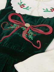 Monsoon Green Christmas Wreath Top & Velvet Pinafore Dress Set - Image 3 of 4