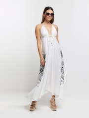 River Island Cream Embroidered Plunge Maxi Dress - Image 1 of 4