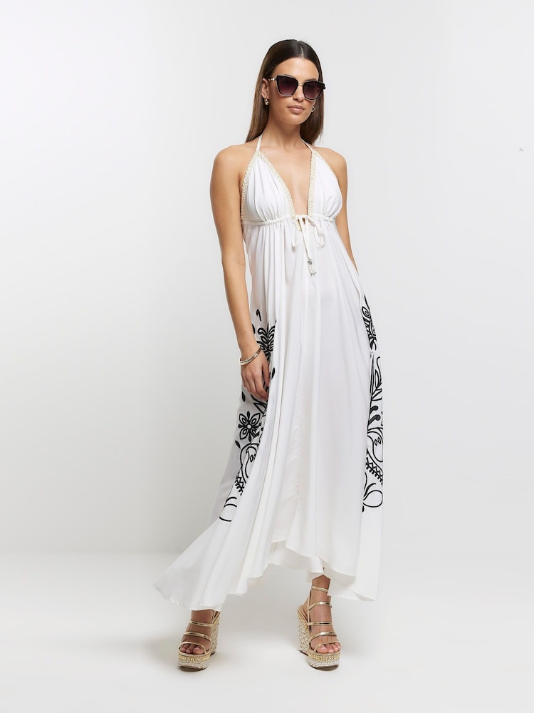 River Island Cream Embroidered Plunge Maxi Dress - Image 1 of 4