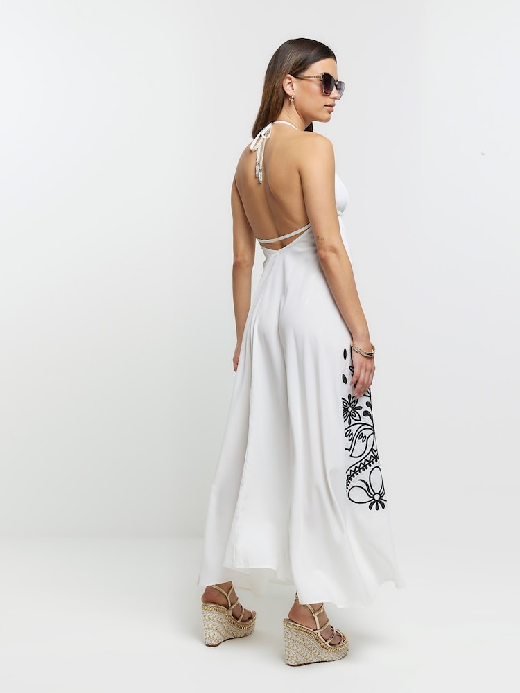 River Island Cream Embroidered Plunge Maxi Dress - Image 2 of 4 River Island Cream Embroidered Plunge Maxi Dress - Image 2 of 4