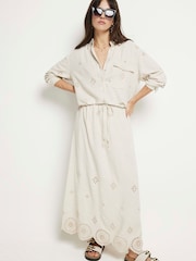 River Island Stone 100% Cotton Broderie Hem Bias Skirt - Image 1 of 1