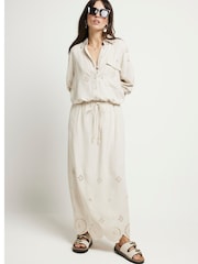 River Island Stone 100% Cotton Broderie Hem Bias Skirt - Image 1 of 1