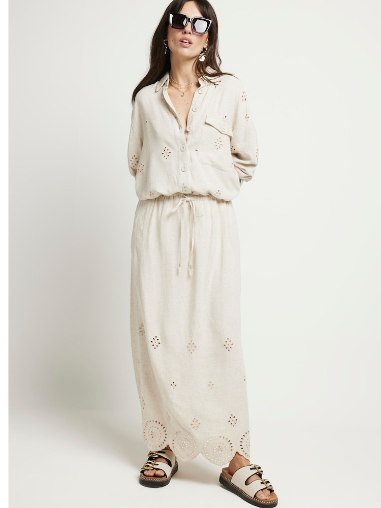 River Island Stone 100% Cotton Broderie Hem Bias Skirt - Image 1 of 1