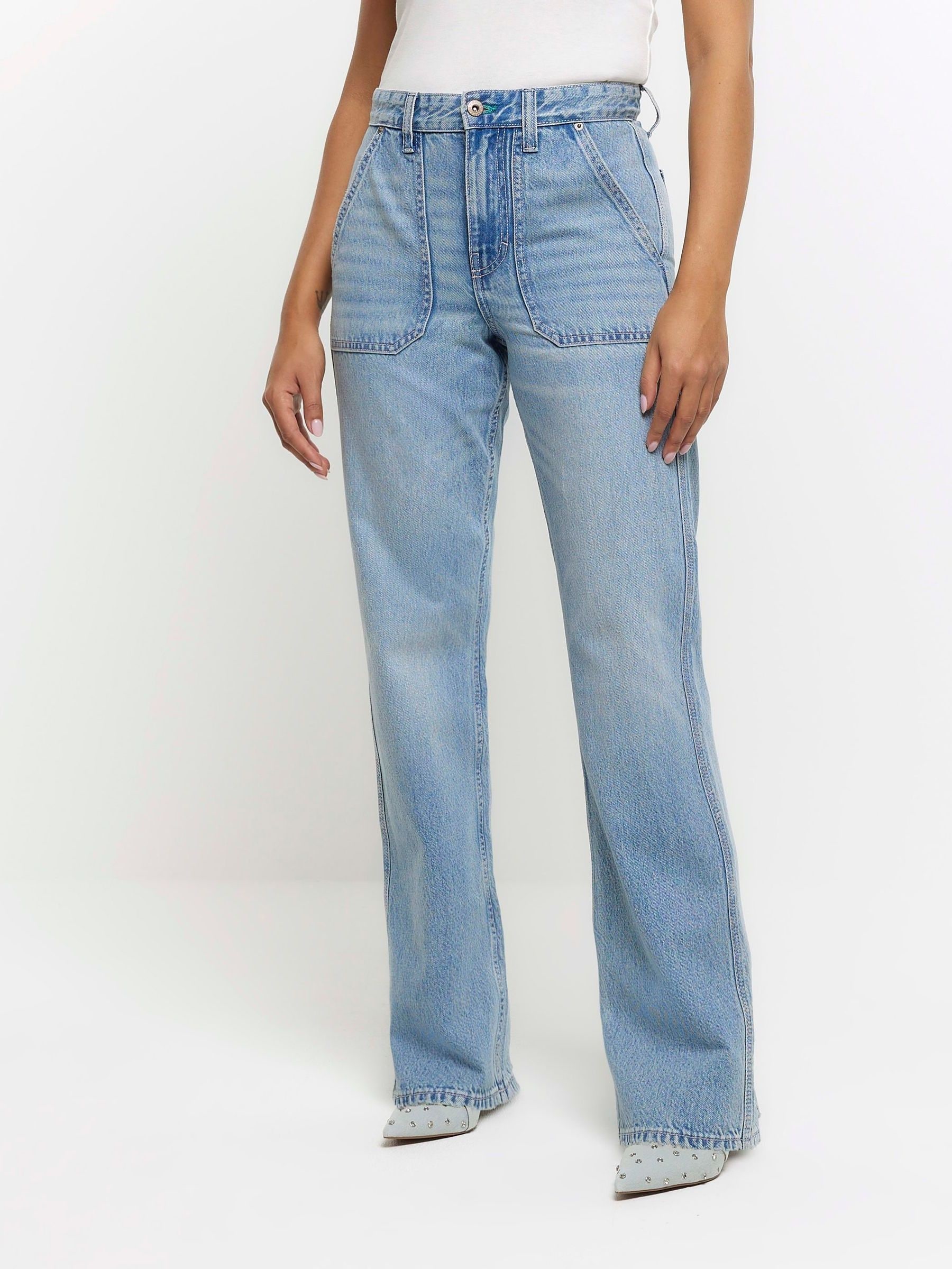 Buy River Island Blue Carpenter Relaxed Straight High Rise Pocket Front Jeans from Next Luxembourg