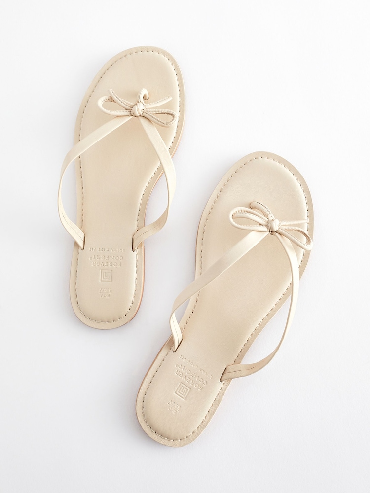 Jasnobeżowo-biały - Bow Detail Leather Flip Flops - Image 4 of 6