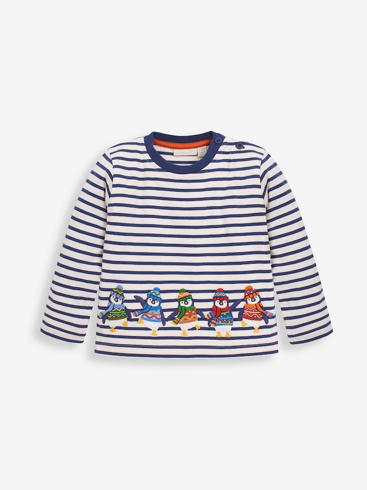 JoJo Maman Bébé Ecru Navy Stripe Stripe Penguin Appliqué Top - Image 1 of 2
