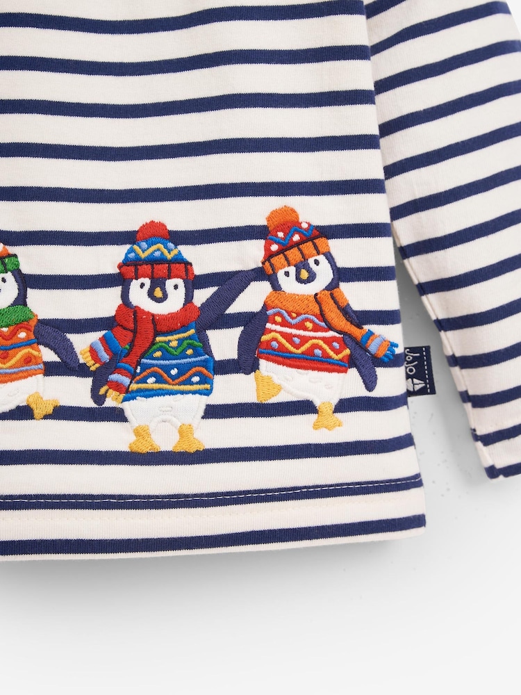 JoJo Maman Bébé Ecru Navy Stripe Stripe Penguin Appliqué Top - Image 2 of 2