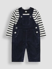JoJo Maman Bébé Navy Blue 2-Piece Classic Cord Dungarees & Stripe Top Set - Image 1 of 6