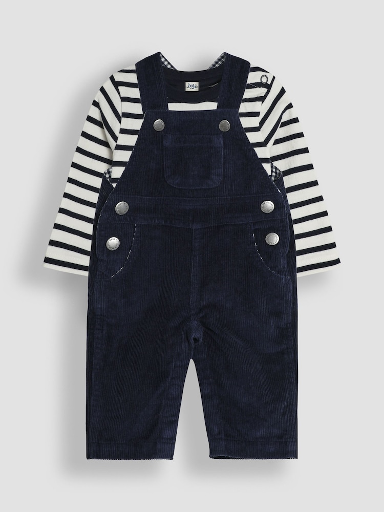 JoJo Maman Bébé Navy Blue 2-Piece Classic Cord Dungarees & Stripe Top Set - Image 1 of 6