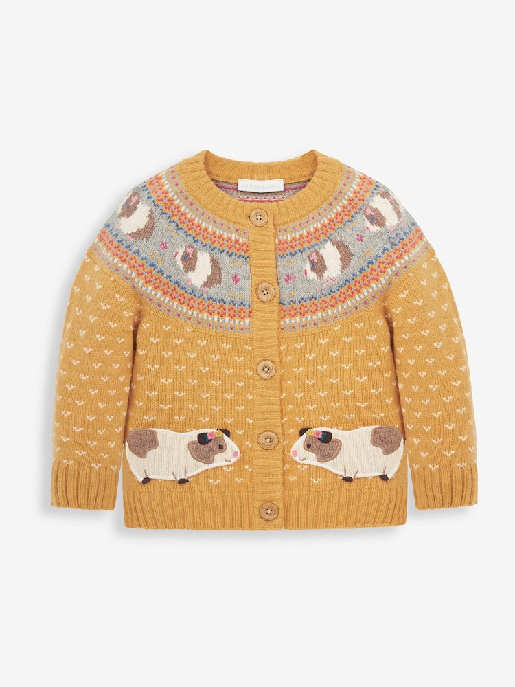 JoJo Maman Bébé Mustard Yellow Guinea Pig Fairisle Pattern Cardigan - Image 1 of 3