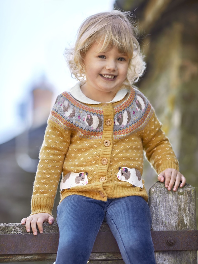 JoJo Maman Bébé Mustard Yellow Guinea Pig Fairisle Pattern Cardigan - Image 3 of 3
