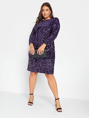 Yours Curve Purple London Sequin Velvet Bellow Sleeve Shift Dress - Image 1 of 3