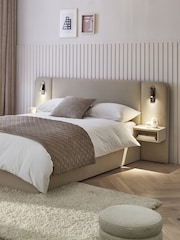 Natural Contemporary Tweed Linen Matson Upholstered Hotel Bed Frame with Ottoman Storage, Bedside Tables and Lights - Image 1 of 12