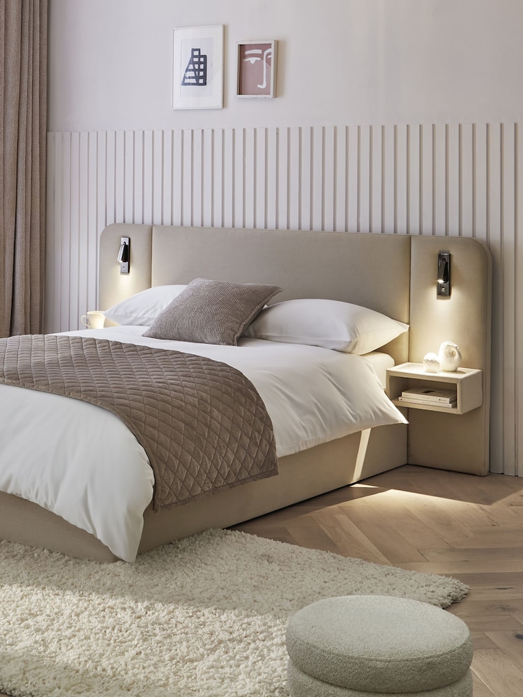 Natural Contemporary Tweed Linen Matson Upholstered Hotel Bed Frame with Ottoman Storage, Bedside Tables and Lights - Image 1 of 12