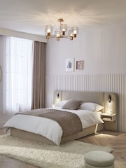 Natural Contemporary Tweed Linen Matson Upholstered Hotel Bed Frame with Ottoman Storage, Bedside Tables and Lights - Image 2 of 12