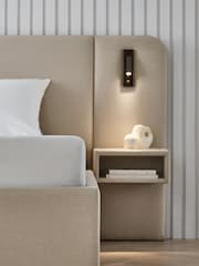 Natural Contemporary Tweed Linen Matson Upholstered Hotel Bed Frame with Ottoman Storage, Bedside Tables and Lights - Image 8 of 12