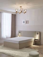 Natural Contemporary Tweed Linen Matson Upholstered Hotel Bed Frame with Ottoman Storage, Bedside Tables and Lights - Image 9 of 12