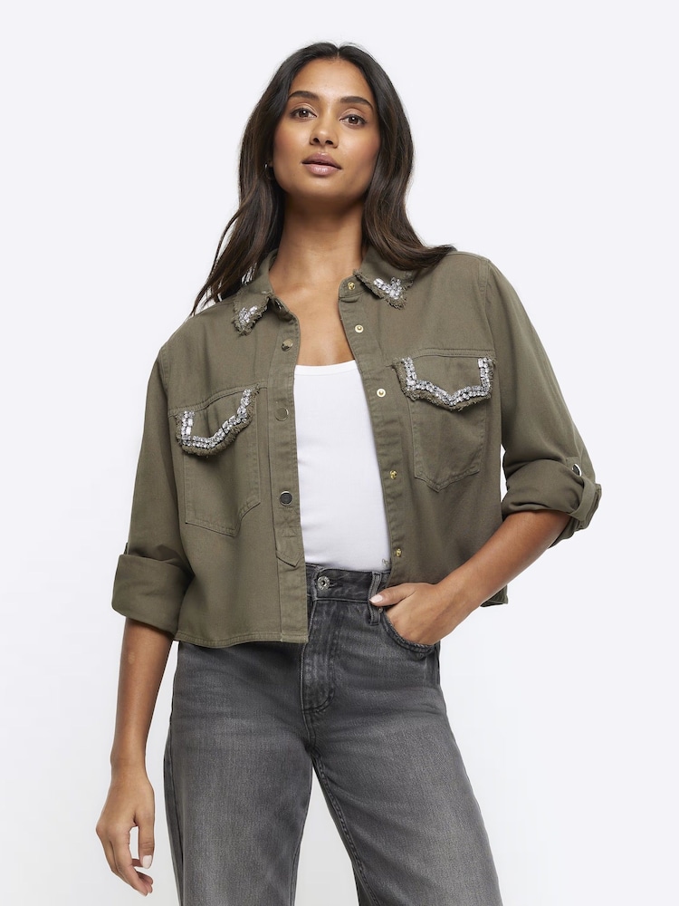 Buy River Island Green Roll Sleeve Embellished Pocket Shirt from