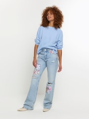 River Island Blue High Rise Straight Leg Non Stretch Patchwork Jeans - Image 2 of 7