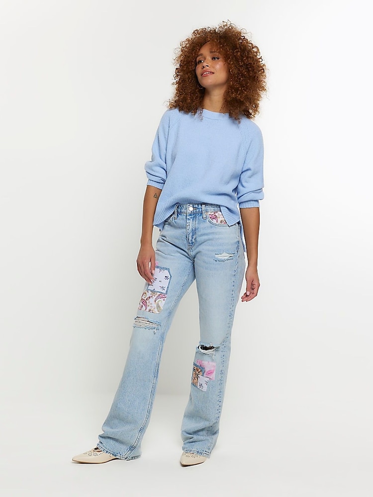 River Island Blue High Rise Straight Leg Non Stretch Patchwork Jeans - Image 2 of 7