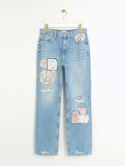River Island Blue High Rise Straight Leg Non Stretch Patchwork Jeans - Image 5 of 7