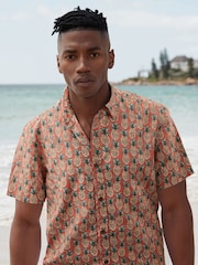 Rust Orange Linen Blend Printed Short Sleeve Shirt - Image 1 of 8