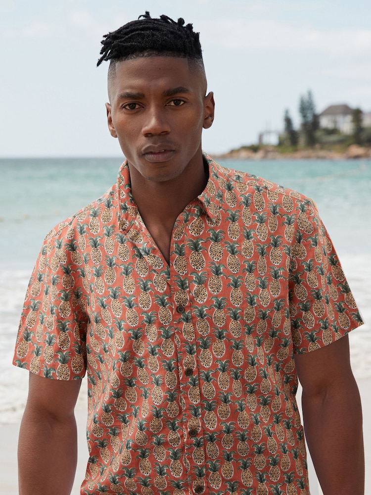 Rust Orange Linen Blend Printed Short Sleeve Shirt - Image 1 of 8