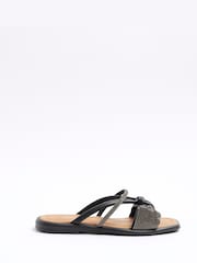 River Island Black Diamonte Bow Flat Sandals - Image 1 of 4