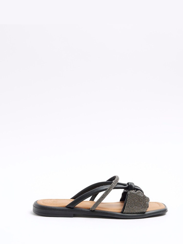 River Island Black Diamonte Bow Flat Sandals - Image 1 of 4