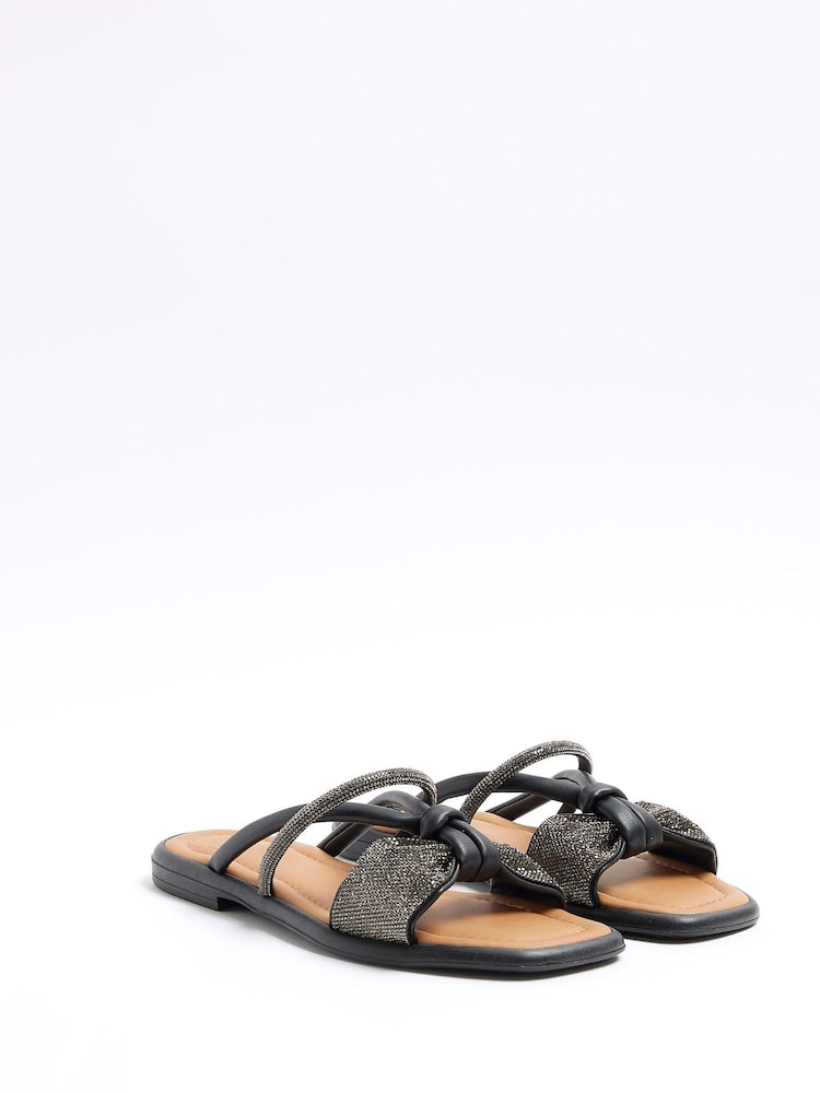 River Island Black Diamonte Bow Flat Sandals - Image 2 of 4