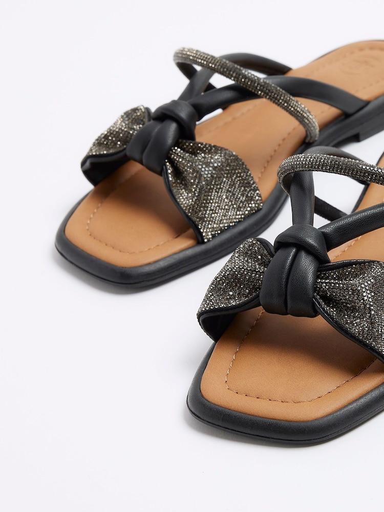 River Island Black Diamonte Bow Flat Sandals - Image 4 of 4 River Island Black Diamonte Bow Flat Sandals - Image 4 of 4