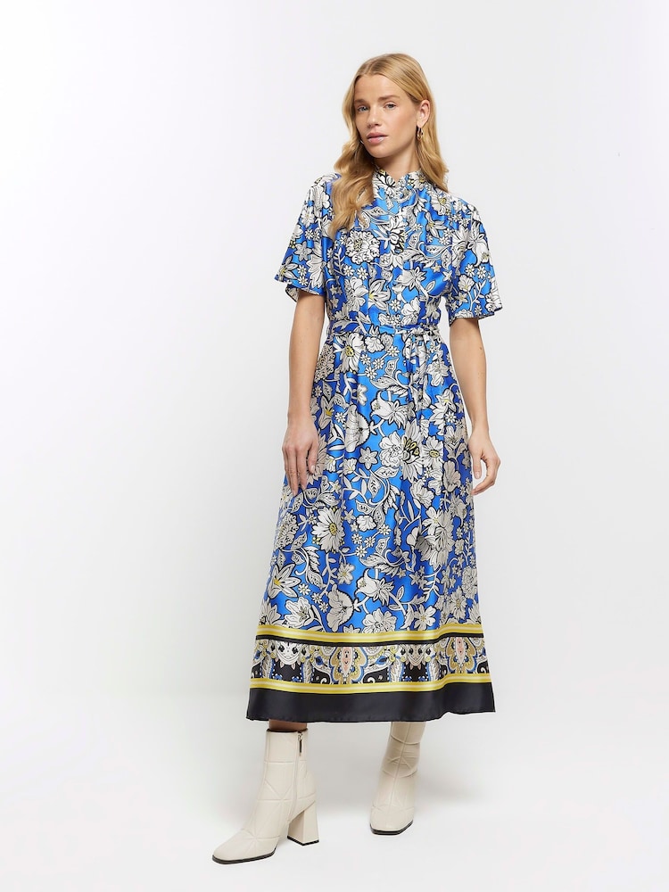 Blau - River Island Bedrucktes Hemdkleid mit Gürtel und Knopfleiste - Bild 1 von 1