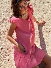 Pink Textured Tie Back Ruffle Sleeve Summer Dress - Image 2 of 4