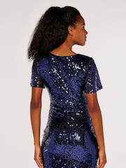 Apricot Navy Blue Sequin Angel Sleeve Side Ruche Dress - Image 2 of 4