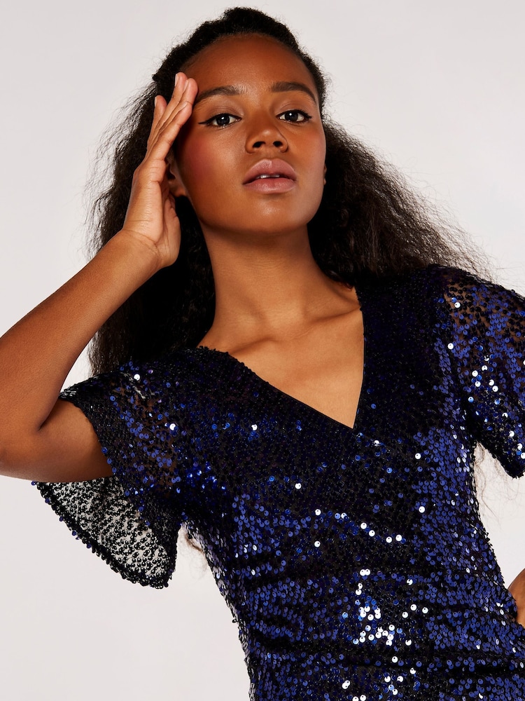 Apricot Navy Blue Sequin Angel Sleeve Side Ruche Dress - Image 4 of 4