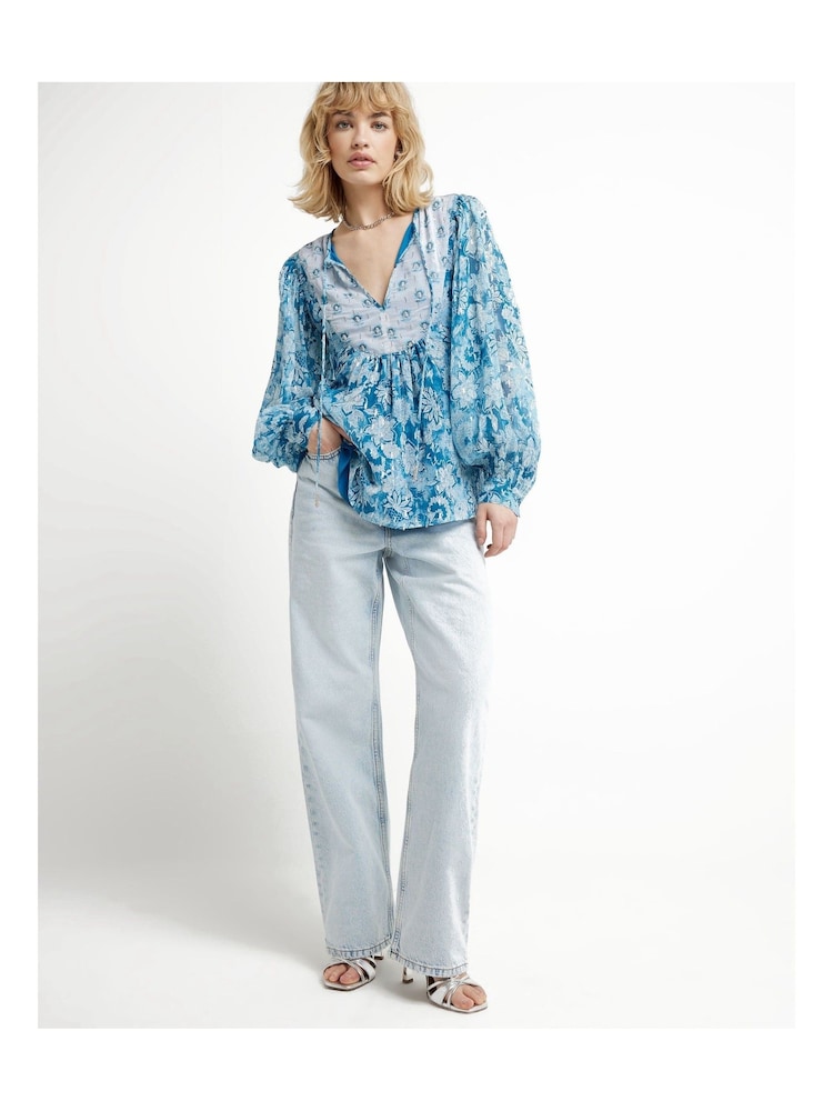 River Island Blue Floral Smock Top - Image 1 of 6