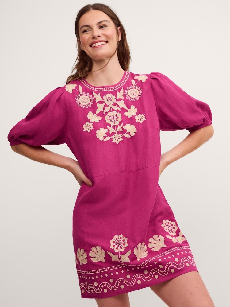 Monsoon Pink Lydia Embroidered Linen Blend Mini Dress - Image 1 of 4 Monsoon Pink Lydia Embroidered Linen Blend Mini Dress - Image 1 of 4