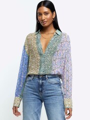 River Island Blue Patchwork Floral Shirt - Image 1 of 6