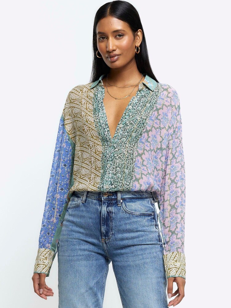 River Island Blue Patchwork Floral Shirt - Image 1 of 6