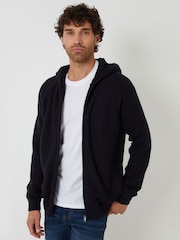 Threadbare Blue Zip-Up Knitted Hoodie with Microfleece Lining - Image 1 of 4