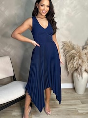 AX Paris Navy Blue V-Neck Pleated Skirt Belted Waist Midi Dress - Image 1 of 5