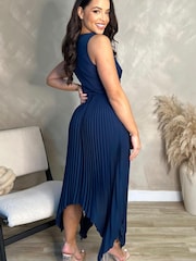 AX Paris Navy Blue V-Neck Pleated Skirt Belted Waist Midi Dress - Image 3 of 5