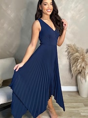AX Paris Navy Blue V-Neck Pleated Skirt Belted Waist Midi Dress - Image 4 of 5