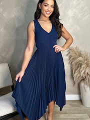 AX Paris Navy Blue V-Neck Pleated Skirt Belted Waist Midi Dress - Image 5 of 5